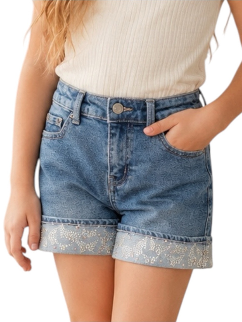Tractr Girls Denim Shorts Size 7 Blue Rhinestone Butterfly Cuffed Hem NWT